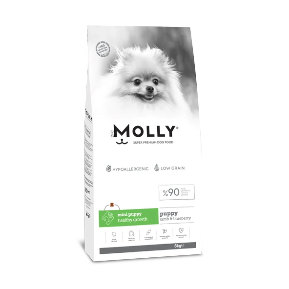 Molly Hipoalerjenik Düşük Tahıllı Kuzu Etli ve Yaban Mersinli Küçük Irk Yavru Köpek Maması 8 Kg ürün görseli 1
