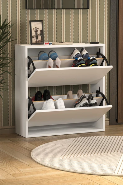 Bofigo Düşer Kapak Ayakkabılık 2 Bölmeli Kayar Raflı Ayakkabılık Duvara Monte Ayakkabılık Peri Beyaz - Resim 6