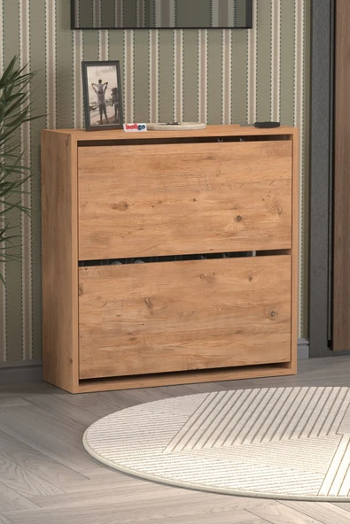 Bofigo Düşer Kapak Ayakkabılık 2 Bölmeli Kayar Raflı Ayakkabılık Duvara Monte Ayakkabılık Peri Çam - Resim 5