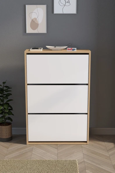 Bofigo Düşer Kapak Ayakkabılık Kayar Raflı Ayakkabılık 3 Bölmeli Ayakkabılık Melek Safir Meşe Beyaz - Resim 2