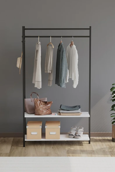 Bofigo Konfeksiyon Askısı Ayaklı Askılık Elbise Askılığı Raflı Askılık Jüpiter Beyaz - Resim 2