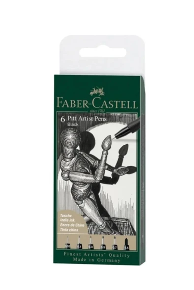 Faber Castell 6'lı Pitt Artist Pen Black Set, 6 Farklı Uç, Profesyonel Çizim Kalemleri, Yüksek Kaliteli Mürekkep ürün görseli