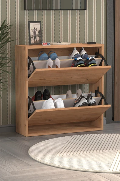 Bofigo Düşer Kapak Ayakkabılık 2 Bölmeli Kayar Raflı Ayakkabılık Duvara Monte Ayakkabılık Peri Çam - Resim 6