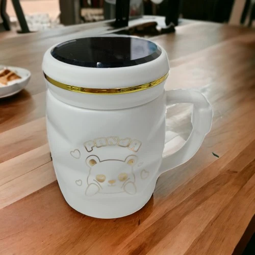 Ayna Kapaklı Panda Desenli Porselen Kupa Bardak Beyaz Kupa Bardak - Resim 4