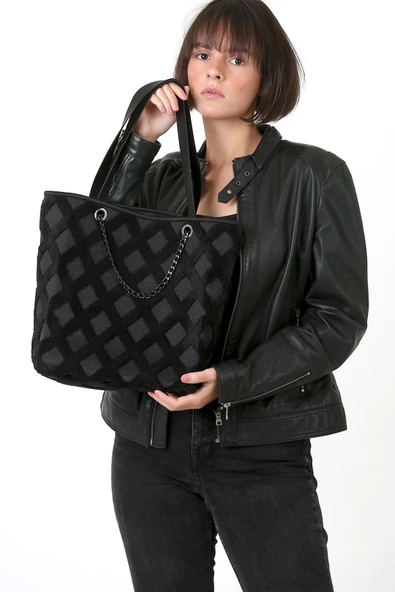 Kadın Kumaş El Ve Omuz Çantası Tweed Siyah Kürklü Peluş Örme Kol Çantası - Resim 3