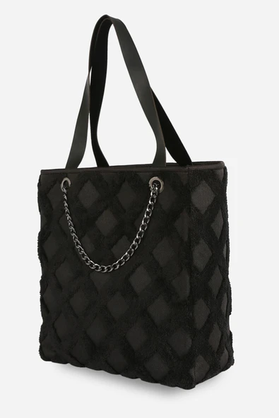 Kadın Kumaş El Ve Omuz Çantası Tweed Siyah Kürklü Peluş Örme Kol Çantası - Resim 5