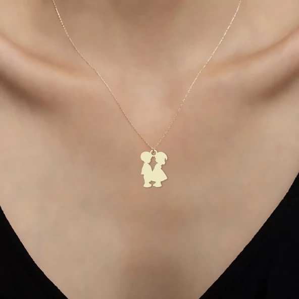14 Ayar Altın Plakalı Kız ve Erkek Çocuk Motifli Doğum Günü Hediyesine Özel Altın Kolye-803 - Resim 2