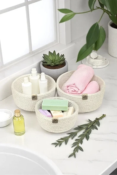 LEBRON Dekoratif Çok Amaçlı Bej 3'lü Sepet Seti - Resim 6