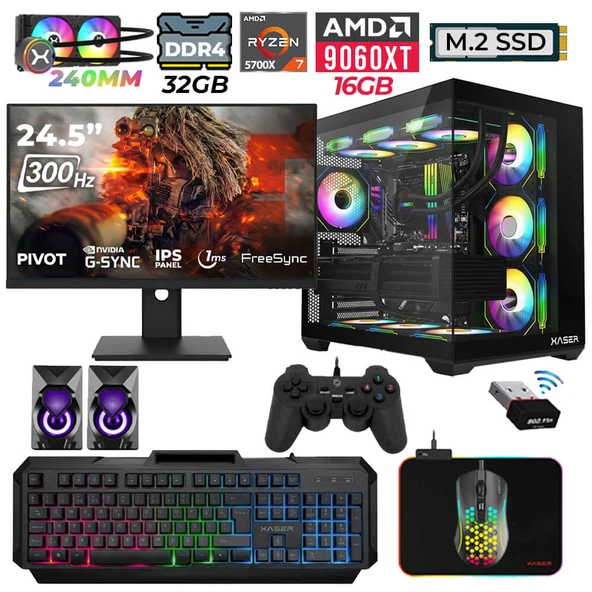 Xaser Nova x50  Ryzen 7 5700X 32GB Ram 1TB M.2 NVMe SSD 16GB RX9060 XT Sıvı Soğutmalı 24.5" 300Hz Oyuncu Tavsiye sistem ürün görseli