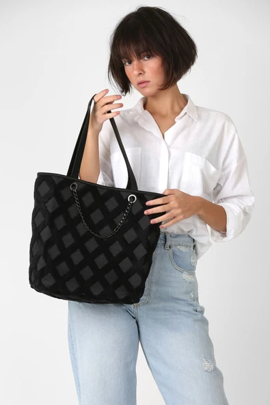 Kadın Kumaş El Ve Omuz Çantası Tweed Siyah Kürklü Peluş Örme Kol Çantası ürün görseli