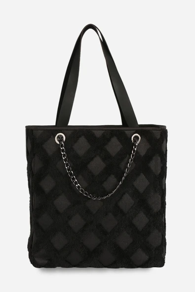 Kadın Kumaş El Ve Omuz Çantası Tweed Siyah Kürklü Peluş Örme Kol Çantası - Resim 4