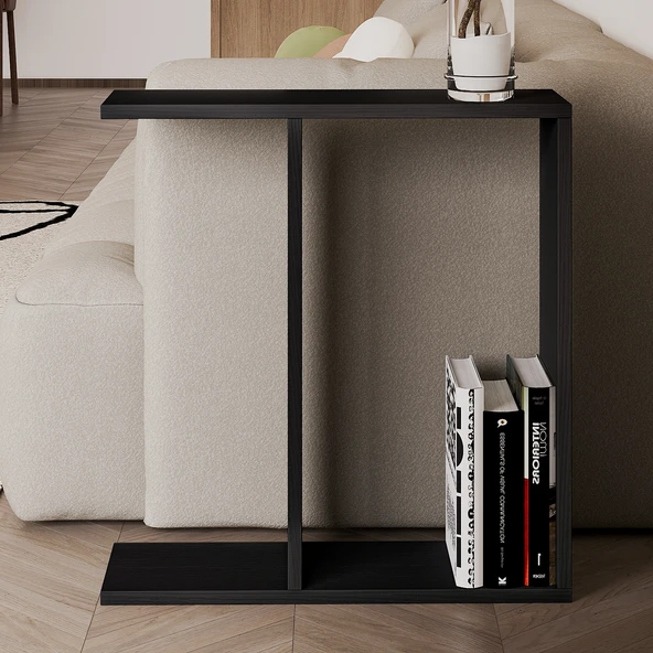 Lotus Modern Yan Sehpa – Kitaplıklı ve Dekoratif Tasarım, Ahşap Siyah - Resim 2