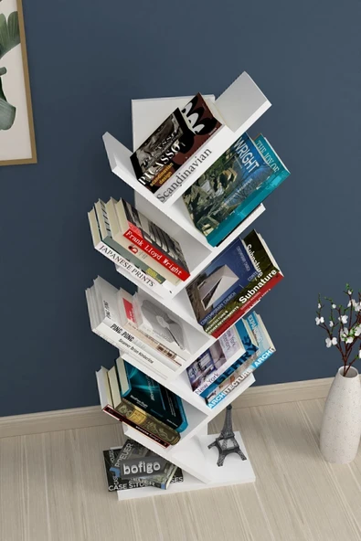 Bofigo Ağaç Kitaplık Dekoratif Kitaplık Raf Düzenleyici Kitap Rafı Beyaz - Resim 3