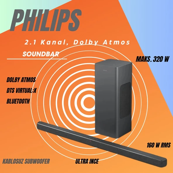 Philips Phılıps Subwoofer, Maks. 320 W / 160 W Rms, 2.1 Kanal, Dolby Atmos, Bluetooth Soundbar ürün görseli