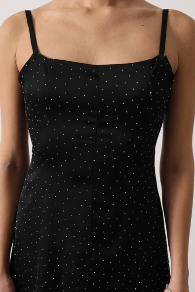 Askılı Mini Elbise Taş Detaylı İnce Askılı - Resim 4