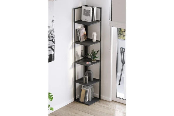 Bofigo 5 Raflı Metal Köşe Kitaplık Rafı Dekoratif Aksesuar Rafı Selanik 180 cm Antrasit - Resim 3