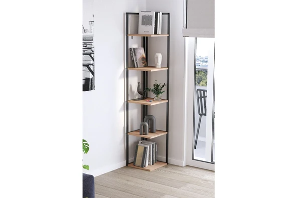 Bofigo 5 Raflı Metal Köşe Kitaplık Rafı Dekoratif Aksesuar Rafı Selanik 180 cm Çam - Resim 2