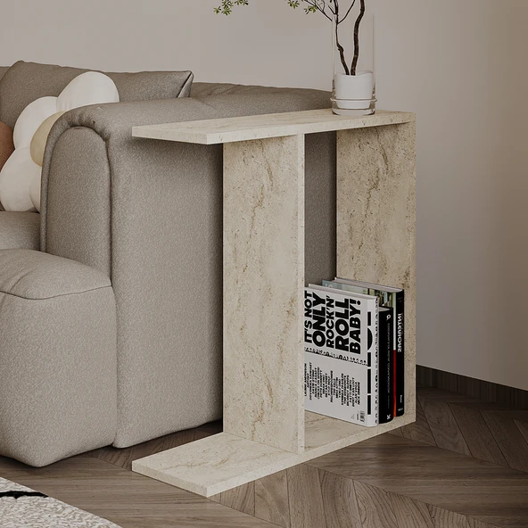 Lotus Modern Yan Sehpa – Kitaplıklı ve Dekoratif Tasarım, Traverten Desen ürün görseli