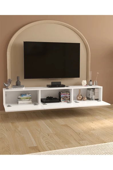 Bofigo TV Ünitesi TV Sehpası Düşer Kapaklı Tv Ünitesi Televizyon Sehpası 180 Cm Marvel Beyaz - Resim 3