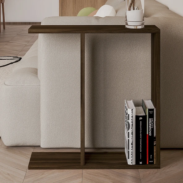 Lotus Modern Yan Sehpa – Kitaplıklı ve Dekoratif Tasarım, Ceviz - Resim 2