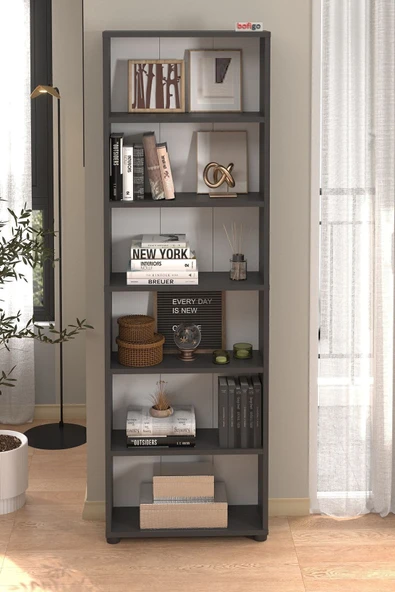 Bofigo 6 Raflı Kitaplık Dekoratif Kitaplık Modern Kitaplık Antrasit - Resim 2