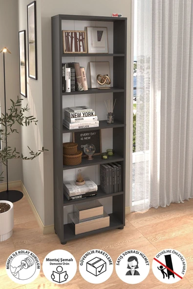 Bofigo 6 Raflı Kitaplık Dekoratif Kitaplık Modern Kitaplık Antrasit ürün görseli
