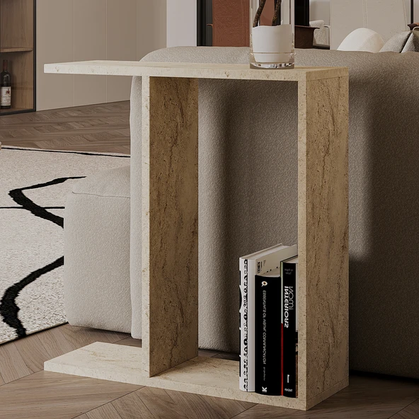 Lotus Modern Yan Sehpa – Kitaplıklı ve Dekoratif Tasarım, Traverten Desen - Resim 2