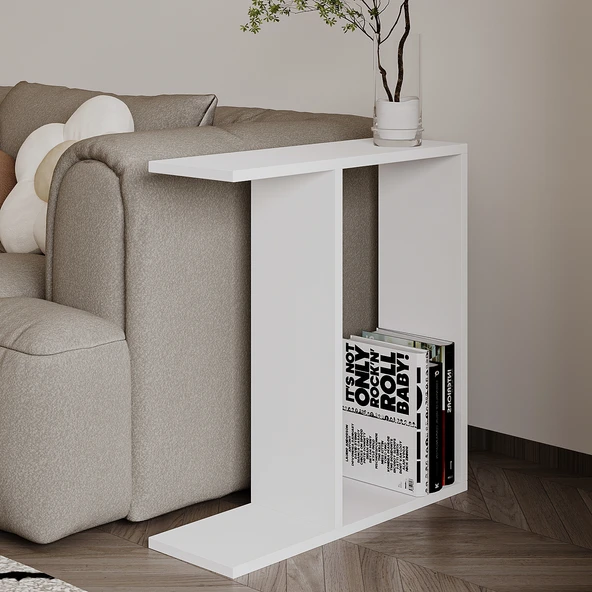 Lotus Modern Yan Sehpa – Kitaplıklı ve Dekoratif Tasarım, Beyaz - Resim 3