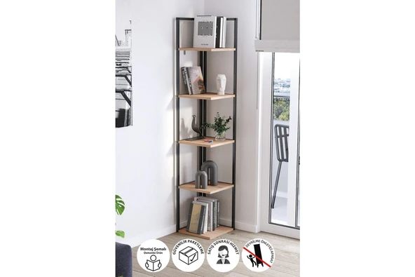 Bofigo 5 Raflı Metal Köşe Kitaplık Rafı Dekoratif Aksesuar Rafı Selanik 180 cm Çam ürün görseli