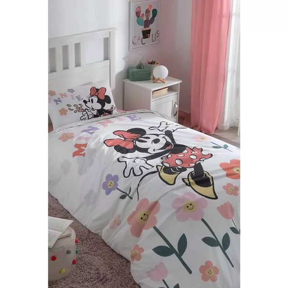 Özdilek Lisanslı Fitted Çarşaflı Tek Kişilik Çocuk Nevresim Takımı-Minnie Flowers Beyaz - Resim 2
