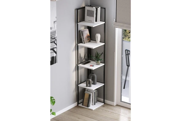 Bofigo 5 Raflı Metal Köşe Kitaplık Rafı Dekoratif Aksesuar Rafı Selanik 180 cm Beyaz - Resim 3