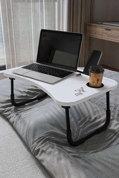 Bofigo Portatif Katlanır Laptop Sehpası Tablet Telefon Tutuculu Laptop Sehpası Beyaz - Resim 2