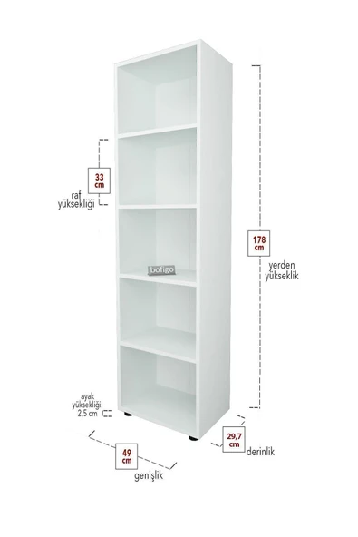 Bofigo 5 Raflı Kitaplık Ofis Dolabı Klasörlük Çok Amaçlı Dolap Mutfak Dolabı Beyaz - Resim 4