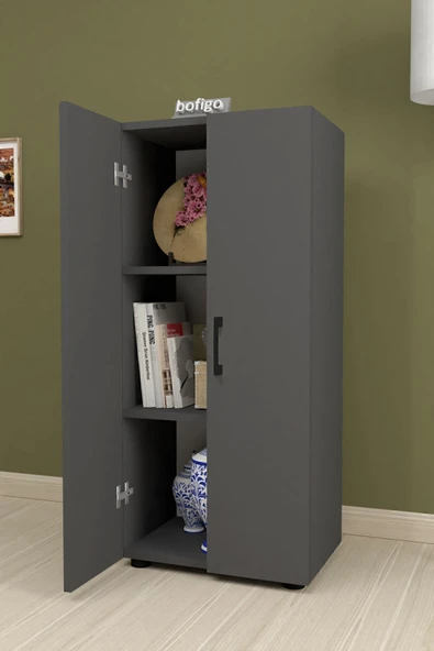 Bofigo 3 Raflı 2 Kapaklı Klasörlük Dolabı Mutfak Dolabı Banyo Dolabı Çok Amaçlı Dolap Fulya Antrasit - Resim 5