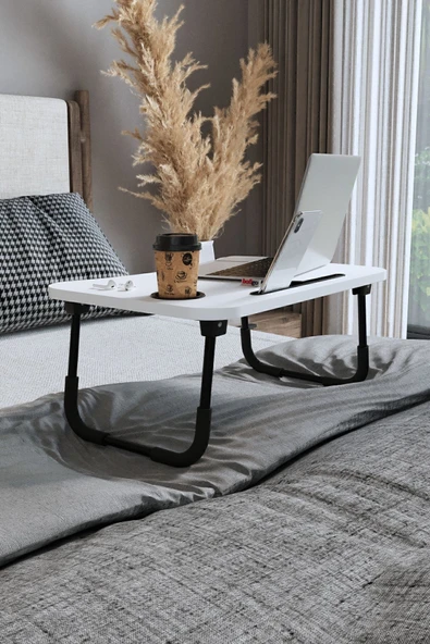 Bofigo Portatif Katlanır Laptop Sehpası Tablet Telefon Tutuculu Laptop Sehpası Beyaz - Resim 3