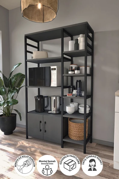 Bofigo Mutfak Standı 2 Kapaklı 8 Raflı Kahve Köşesi Mutfak Rafı Mutfak Bangosu Brezilya Antrasit ürün görseli