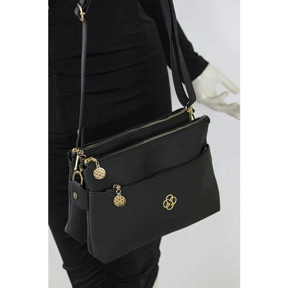 Jindar Life Hub Lacoste 3 Bölmeli Kadın Omuz Çantası Siyah ürün görseli 1