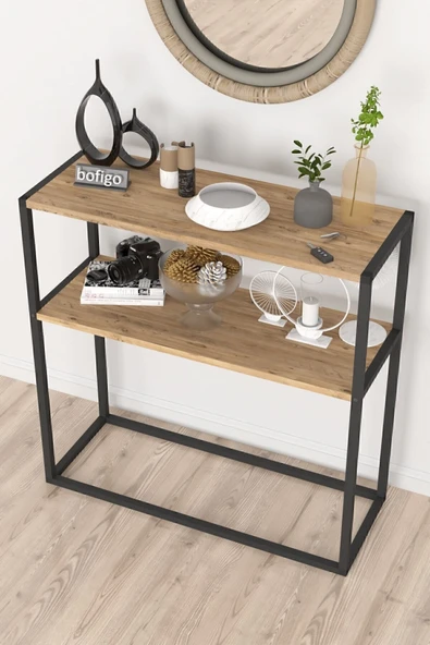 Bofigo Metal Ayaklı Dresuar Dekoratif Raflı Dresuar Konsol Metal Dresuar Çam - Resim 4