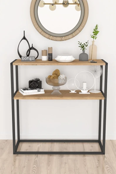 Bofigo Metal Ayaklı Dresuar Dekoratif Raflı Dresuar Konsol Metal Dresuar Çam - Resim 2