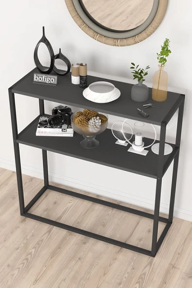 Bofigo Metal Ayaklı Dresuar Dekoratif Raflı Dresuar Konsol Metal Dresuar Antrasit - Resim 4