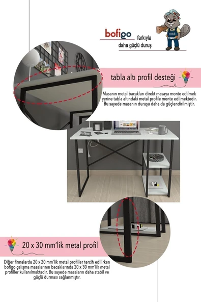 Bofigo 60x120 Cm 2 Raflı Çalışma Masası Bilgisayar Masası Ofis Ders Yemek Masası Beyaz - Resim 8