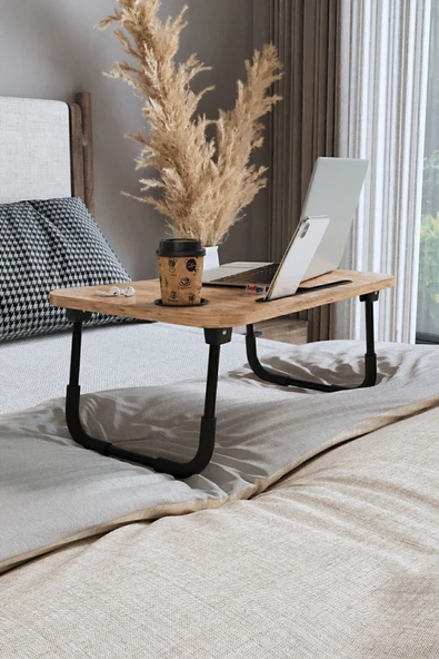 Bofigo Portatif Katlanır Laptop Sehpası Tablet Telefon Tutuculu Laptop Sehpası Çam - Resim 3