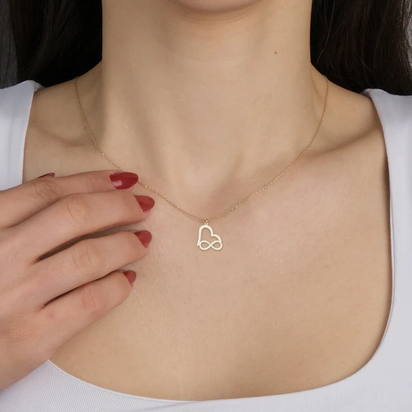 14 Ayar Altın Plakalı Sonsuzluk ve Kalp Motifli Özel Günler İçin Hediyelik Altın Kolye-813 - Resim 2