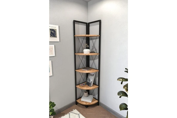 Bofigo 5 Raflı Metal Köşe Kitaplık Rafı Dekoratif Aksesuar Rafı Çam ürün görseli