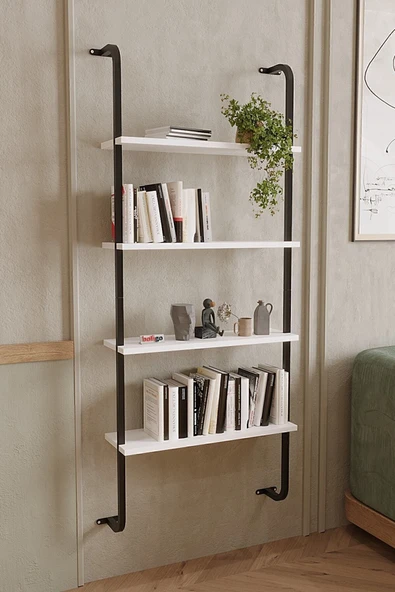 Bofigo 64 cm 4 Raflı Duvara Monte Kitaplık Dekoratif Kitaplık Beyaz Beyaz Metal Duvara Monte 4 Metal 157 c - Resim 2