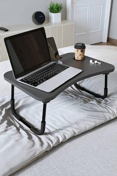 Bofigo Portatif Katlanır Laptop Sehpası Tablet Telefon Tutuculu Laptop Sehpası Antrasit - Resim 4