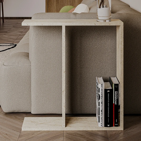 Lotus Modern Yan Sehpa – Kitaplıklı ve Dekoratif Tasarım, Traverten Desen - Resim 3