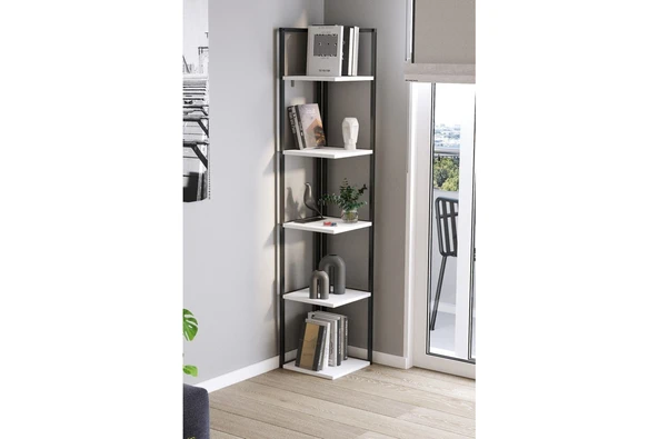 Bofigo 5 Raflı Metal Köşe Kitaplık Rafı Dekoratif Aksesuar Rafı Selanik 180 cm Beyaz - Resim 2