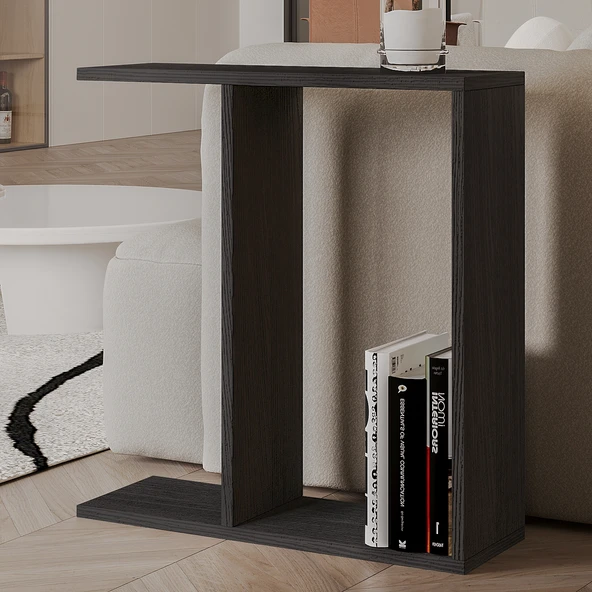 Lotus Modern Yan Sehpa – Kitaplıklı ve Dekoratif Tasarım, Ahşap Siyah - Resim 3