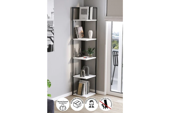 Bofigo 5 Raflı Metal Köşe Kitaplık Rafı Dekoratif Aksesuar Rafı Selanik 180 cm Beyaz ürün görseli